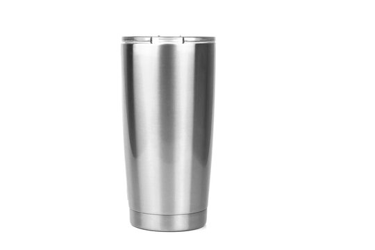 Silver tumbler glass cold store. Stainless steel thermos tumbler mug isolated on white background. concept eco friendly.