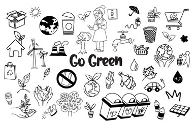 go green nature doodle element set