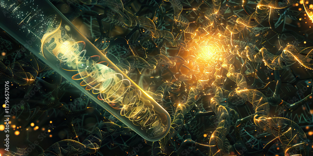 Poster digital rendering of dna helix within glass tube and network
