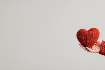 A minimalistic image featuring a soft human hand holding a red heart-shaped object knitted from yarn