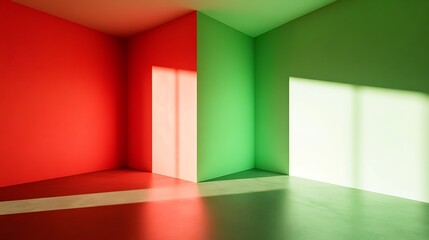 Red and green room corner with sunlight illumination