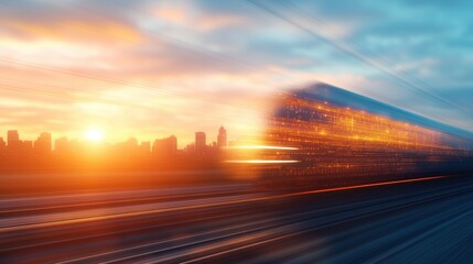 Obraz premium Elegant Train Journey Through Urban Landscape at Sunset with Vibrant Sky Colors and City Silhouettes Framing the Scene