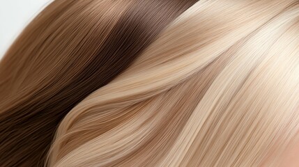 Naklejka premium Clipin extensions arranged in a fan shape, featuring a gradient of natural brown to icy blonde, with soft ambient lighting