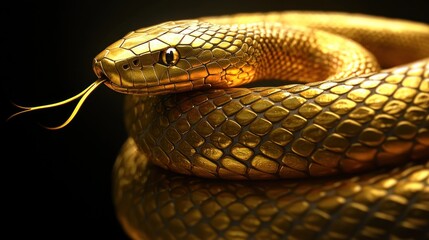 Fototapeta premium Majestic Golden Snake With Intricate Scales and Distinctive Tongue, Capturing the Beauty and Elegance of a Serpent in a Striking Close-Up View