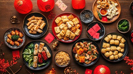 Vibrant Chinese New Year Feast with Assorted Dishes, Dumplings, Spring Rolls, and Colorful Lanterns on Wooden Table Highlighting Festive Celebration
