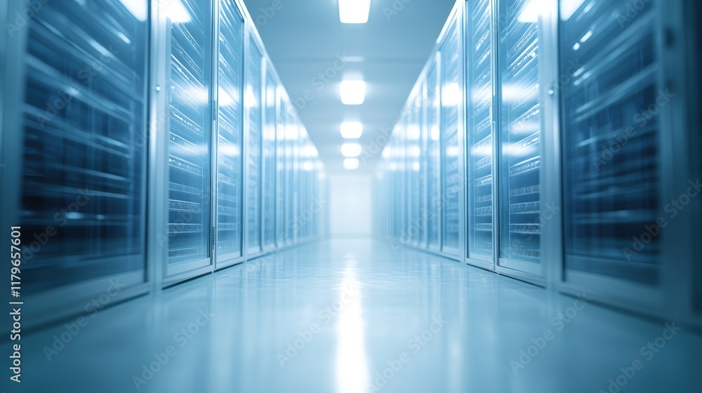 Poster expansive data center hallway featuring neatly arranged server racks illuminated by soft ambient lig