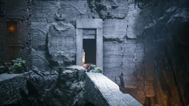Dark cave walls frame a mysterious stone doorway leading into an ancient chamber, illuminated by flickering lights. Lush greenery grows amidst old stone structures.