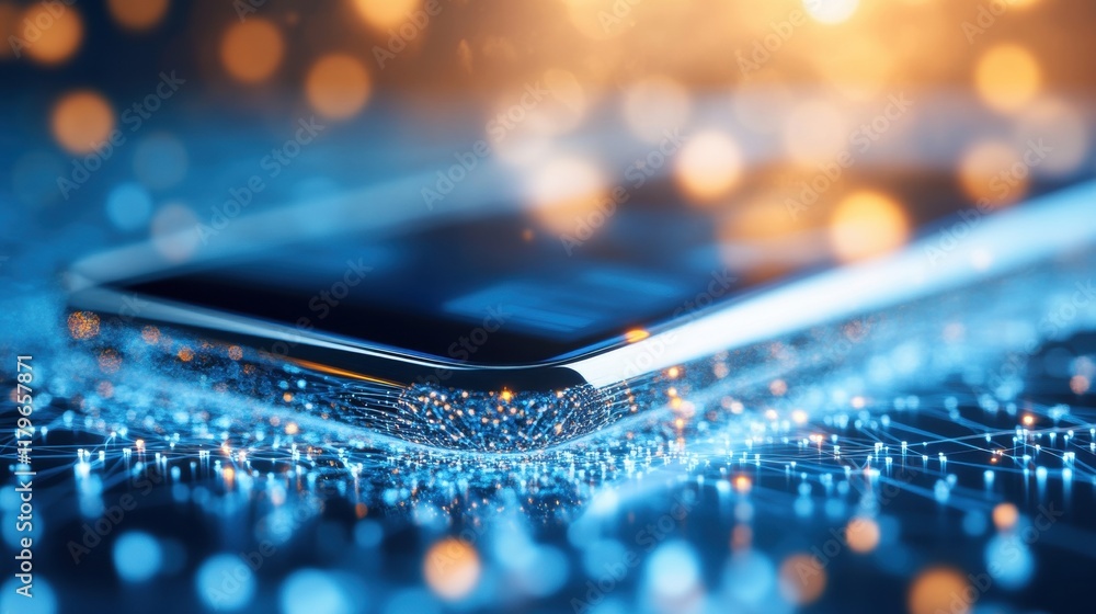 Poster artistic representation of a blurred cell phone focused on modern technology and communication in a 