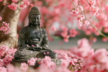 Fototapeta premium Greeting card with ancient statue great Buddha on bright holiday composition, abstract vivid composition consists of fictional unreal fantastic vision on background