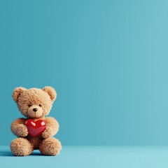 Adorable Teddy Bear Holding Red Heart on Blue Background
