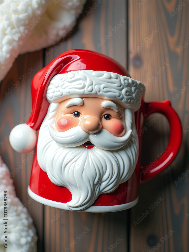 Poster a festive holiday coffee mug featuring a foam santa claus design in a top view layout with copy spac