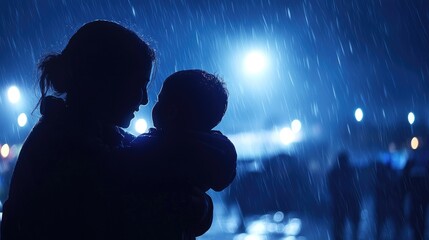 Mother Holding Child Under Rain with Urban Background at Night