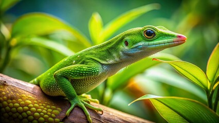 Fototapeta premium Hawaiian Anole Lizard on Tropical Branch - Rule of Thirds Composition