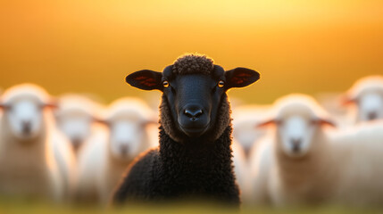 Fototapeta premium black sheep standing confidently among white sheep at sunset