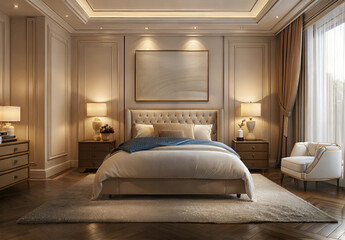 Elegant bedroom decor featuring blank wall art in stylish setting cozy and inviting atmosphere