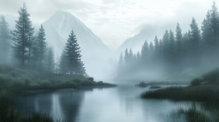 Fototapeta premium Misty morning over a tranquil lake surrounded by tall trees and mountains in the distance at dawn