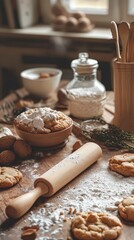 A cozy kitchen scene with baking ingredients, rolling pin, and freshly baked cookies