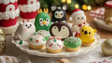 Adorable holiday-themed desserts with animal designs are arranged on a festive platter, surrounded by decorations, perfect for a whimsical celebration.