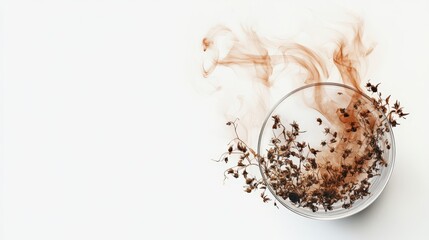 Obraz premium A bowl of brown leaves and smoke is on a white background