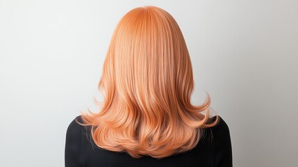 Fototapeta premium Highquality synthetic wig, fiery orange with subtle highlights, styled in playful waves, against a soft pastel backdrop