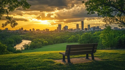 Fototapeta premium Park bench sunset city view, tranquil riverside scene