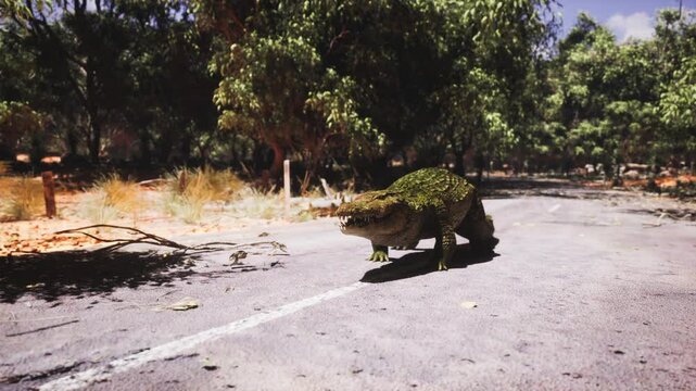 A crocodile is seen moving across a deserted road that is bordered by vibrant trees and underbrush. The setting appears tranquil under bright daylight.
