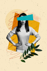 Sketch composite 3D photo collage trend artwork of portrait young woman stand model posing kiss...