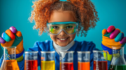 Smiling Girl Scientist Performing Experiments in a Colorful Lab