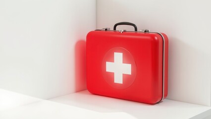 A sleek red metal first aid kit sits prominently in a crisp white space, its handle pointing towards the bottom right at a charming 75-degree angle, its black trim subtly contrasting with the vibrant 