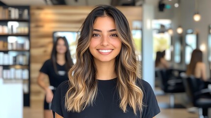 Lacefront wig styled with natural waves, dark brown with caramel highlights, showcased in a luxury salon setting