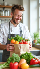 A happy cook in the kitchen holds a bag full of fruits and vegetables, vertical