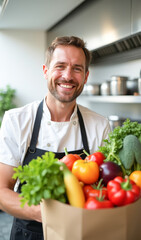 A happy cook in the kitchen holds a bag full of fruits and vegetables, vertical
