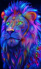 Glowing abstract lion with vibrant neon colors, intricate patterns on the mane, ultraviolet effect, high contrast, dark background