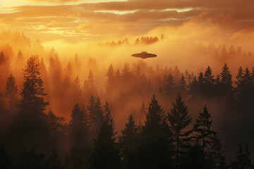 Obraz premium Iron oval UFO saucer hovering over beautiful landscape in deep dramatic sky, abstract vivid composition consists of fictional unreal fantastic vision on background