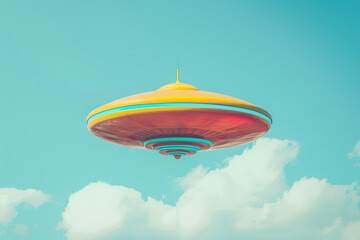 Fototapeta premium Iron oval UFO saucer hovering over beautiful landscape in deep dramatic sky, abstract vivid composition consists of fictional unreal fantastic vision on background