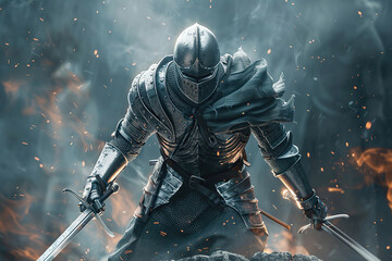 Fototapeta premium Fantastic beautiful royal knight in iron armor guards castle chambers, abstract vivid composition consists of fictional unreal fantastic vision on background