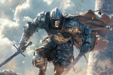 Naklejka premium Fantastic beautiful royal knight in iron armor guards castle chambers, abstract vivid composition consists of fictional unreal fantastic vision on background