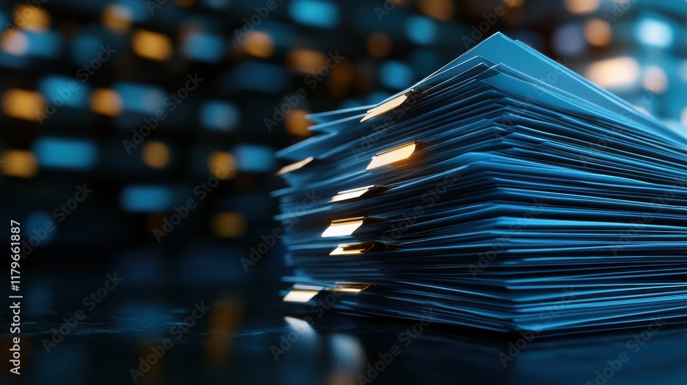 Poster neatly organized stack of papers on a wooden table surrounded by a calm and productive workspace atm