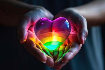 Beautiful colorful decorative heart in strong human hands on bright color, abstract vivid composition consists of fictional unreal fantastic vision on background