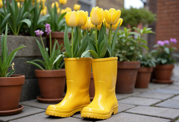 Yellow rubber boots with yellow tulips in the garden. Holiday card