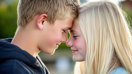 Fototapeta premium first love, young teenage couple sharing a tender moment outdoors