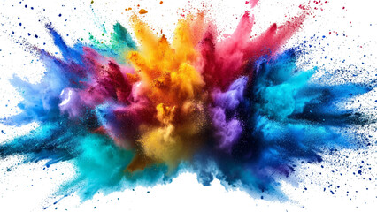 Bright rainbow holi powder explosion with a dynamic mix of colors. Colorful rainbow holi paint color powder explosion isolated white wide panorama background.