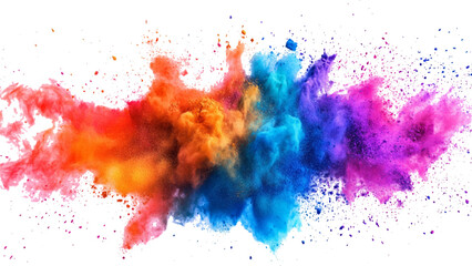 Bright rainbow holi powder explosion with a dynamic mix of colors. Colorful rainbow holi paint color powder explosion isolated white wide panorama background.