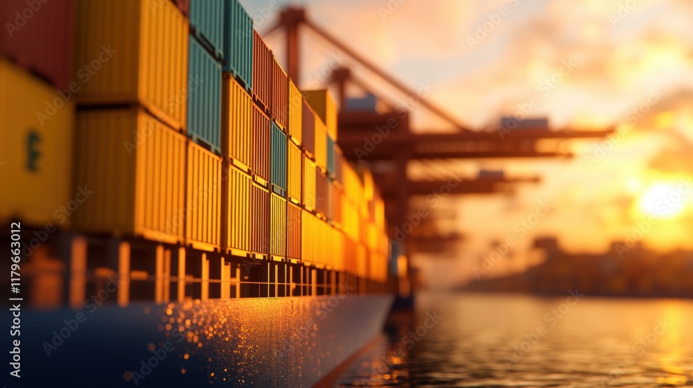 Poster massive container ship navigating through calm waters with bright sky and soft clouds creating a tra