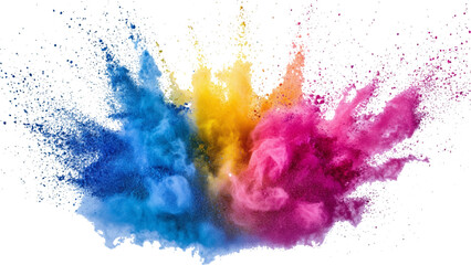 Bright rainbow holi powder explosion with a dynamic mix of colors. Colorful rainbow holi paint color powder explosion isolated white wide panorama background.