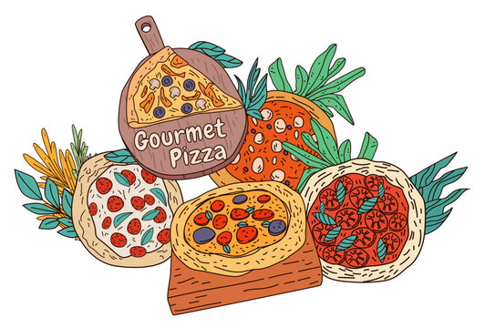 Gourmet pizza variety colorful toppings herbs artistic food design with vibrant colors and detailed ingredients perfect for menu or culinary website