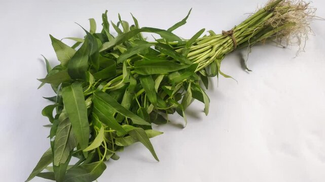 A bunch of water spinach or Ipomoea aquatica plants on a white background. Water spinach is a type of vegetable and is cultivated as a horticultural crop.