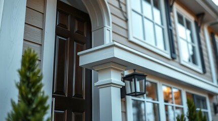 Fototapeta premium Residential House Exterior with Door, Columns, and Windows