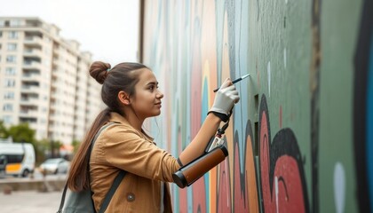 Young female artist painting a vibrant mural in the city