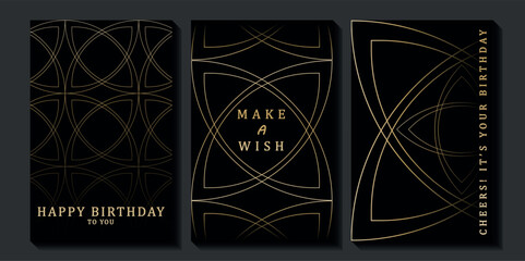 Fototapeta premium Set of luxury birthday cards on a black background. Modern gold and black design. Golden elegant geometric pattern, gold line on dark background. Premium design illustration for birthday party.